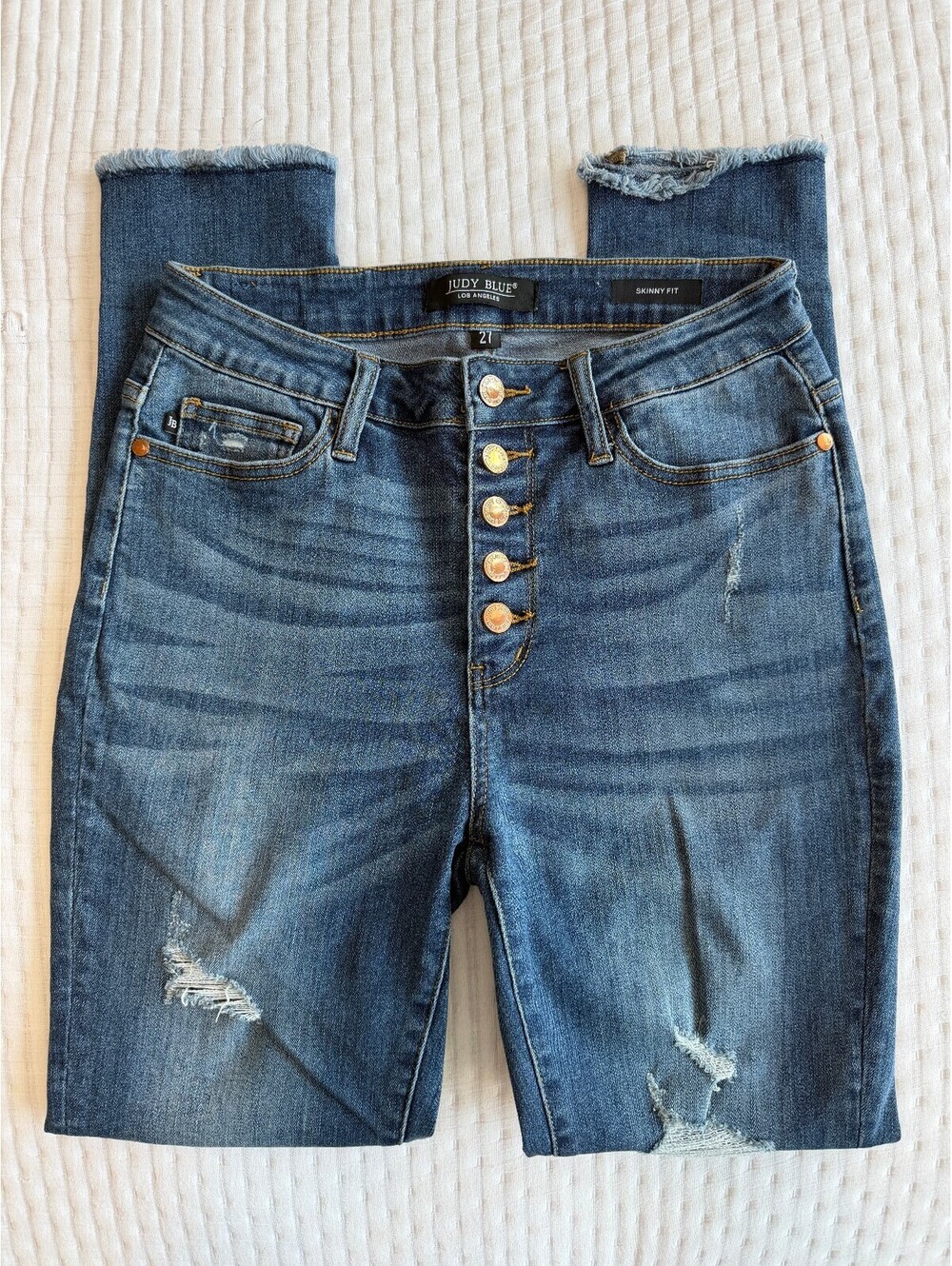 Judy Blue High Waist Distressed Skinny Jeans Copper Button Fly Size 27 JB82246